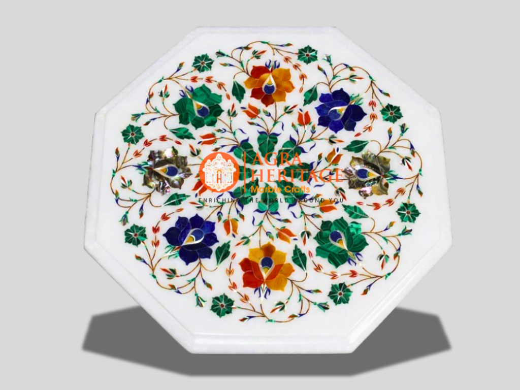 Marble White Corner Table Top Malachite Carnelian Inlaid Art